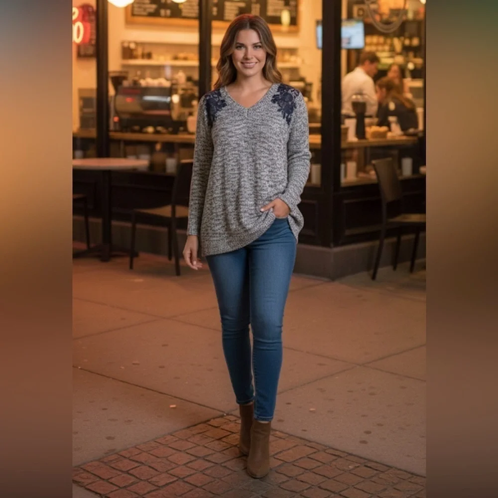Leshop large blue marled knit boho sweater